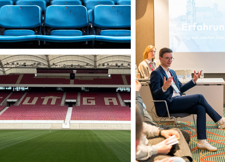 Collage aus Konferenz und Stadion: blaue Sitze, Tribüne und Sprecher in Workshop-Diskussion