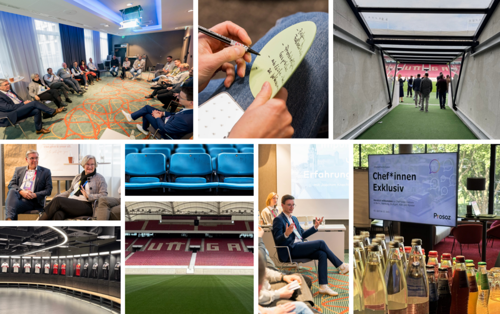 Event-Collage: Workshop im Stuhlkreis, Notizen, Stadiongang und Vortrag – Prosoz Veranstaltungseindrücke