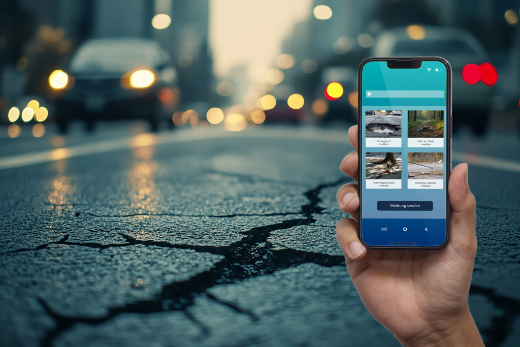 Whitepaper: Digitale Wege zur modernen Bürgerbeteiligung 1 Mängelmelder-App auf Smartphone: Schlagloch auf Straße melden, unscharfer Stadtverkehr im Hintergrund